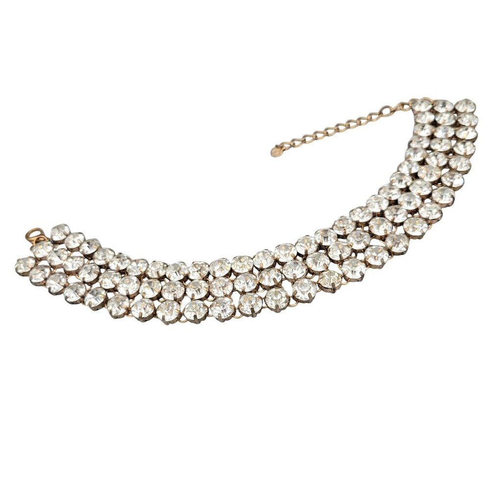 Triple Strand Choker Necklace Prong Set Faceted Clear Cabochon Beads 12" Length